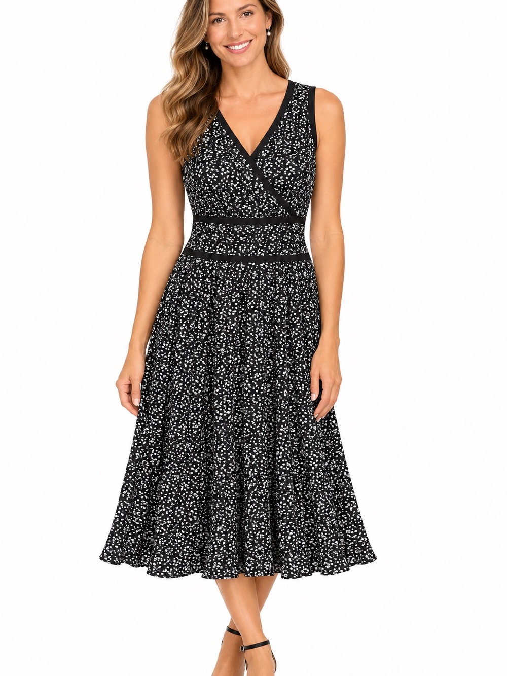 Ann Taylor Black and White Floral V‑Neck Fit-and-Flare Dress
